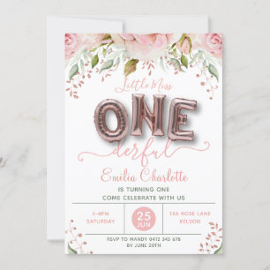 Invitation Filles superbes Balloon rose 1er anniversaire