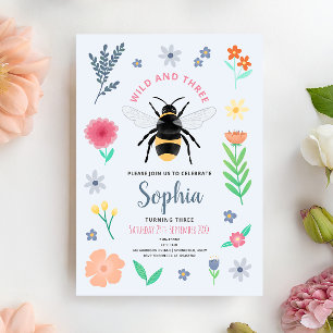 Invitation Filles Sweet Bee Wildflower Sauvage et Trois Anniv