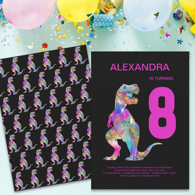 Invitation Filles T-Rex Dinosaur 8e anniversaire fête rose (Girls dinosaur colorful T-Rex 8th birthday party pink and black invitation modern typography )