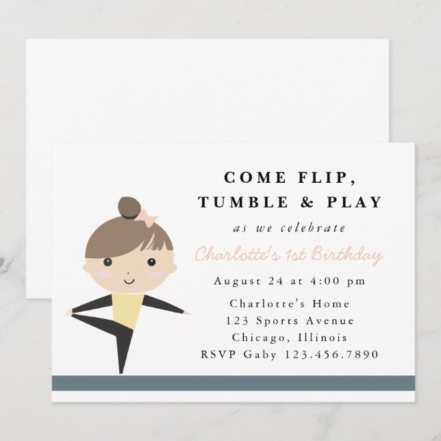 Invitation Filles Tourner Tumble & Jouer Gymnastique Annivers (Devant / Derrière)