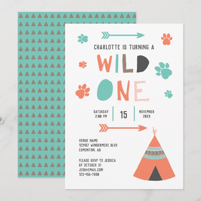 Invitation Filles tribales Wild One Boho Anniversaire Orange  (Devant / Derrière)