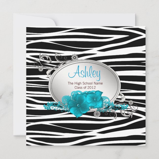 Invitation Filles Turquoise Blue Zebra Annonces de graduation (Devant)