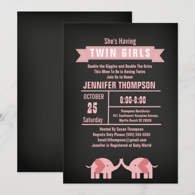 Invitation Filles Twin Elephant Baby shower Chalkboard (Devant / Derrière)