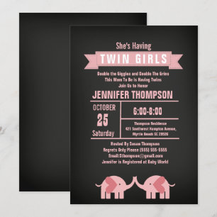 Invitation Filles Twin Elephant Baby shower Chalkboard