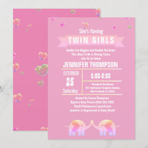 Invitation Filles Twin Elephant Baby shower rose/violet