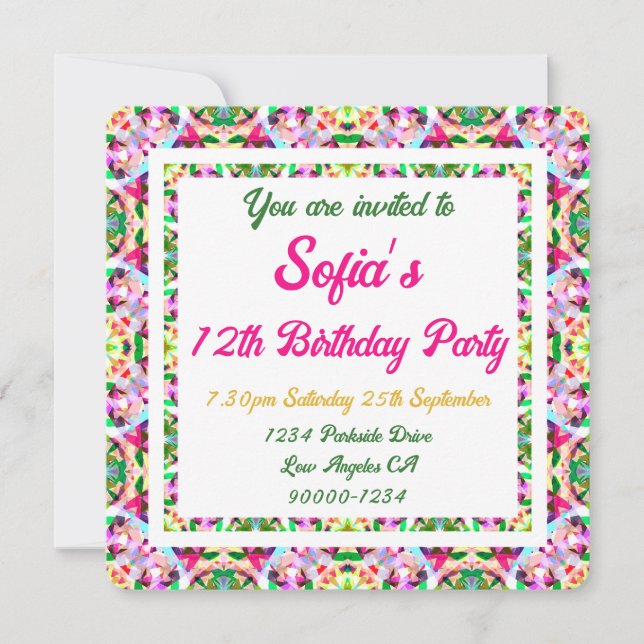 Invitation Fille's Vibrant été vert brillant rose Anniversair (Devant)