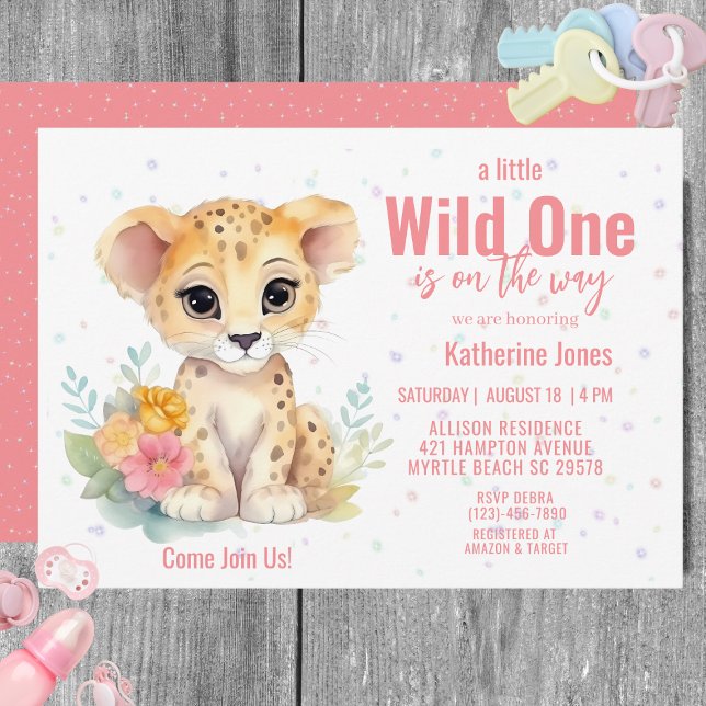 Invitation Filles Wild One Cheetah Baby shower Floral (Créateur téléchargé)