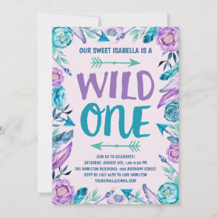 Invitation Filles Wild One Watercolor Boho 1er anniversaire f