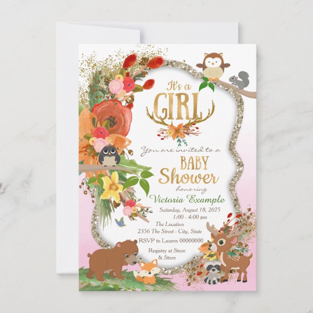 Invitation Filles Woodland Antler Baby shower (Devant)