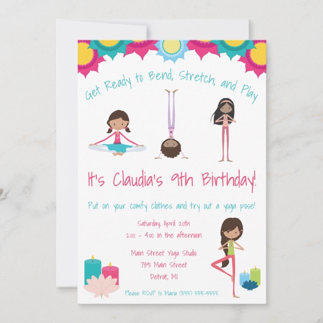 Invitation Filles Yoga Thématique fête d'anniversaire (Devant)
