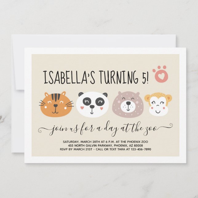 Invitation Filles Zoo Animal Emoji Thème Anniversaire (Devant)