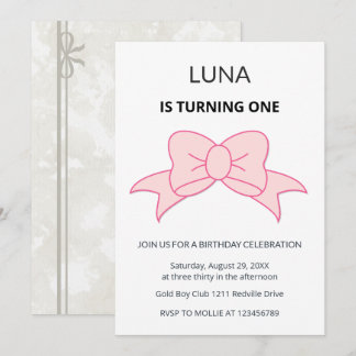 Invitation Fillette Coquette à l'arc rose pour 1er anniversai