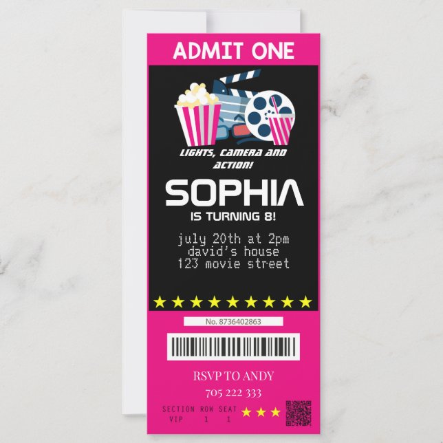 Invitation Fillette Movie Party Billets rose Anniversaire (Devant)