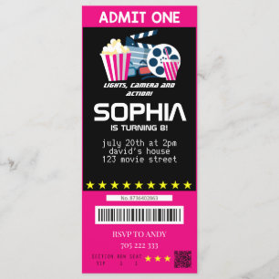 Invitation Fillette Movie Party Billets rose Anniversaire