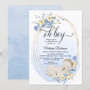 Invitation Filleul Fête de Bébé Aquarelle Bleu Or