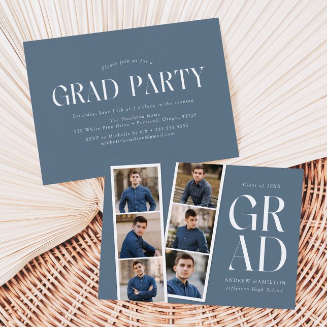 Invitation Film moderne Bleu 6 Photo Graduation Party (Créateur téléchargé)