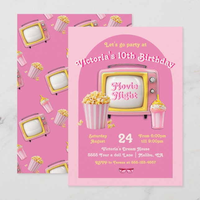 Invitation Film Night Doll Retro Pink TV Anniversaire (Devant / Derrière)