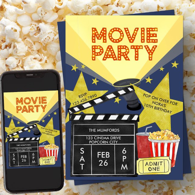 Invitation Film Party Popcorn Clapperboard Cinéma Anniversair (Movie Party Invitation with Popcorn and Clapperboard from my Kids Birthday Invitation collection)