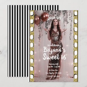 Invitation Film scintillant or Hollywood pour fête Sweet 16