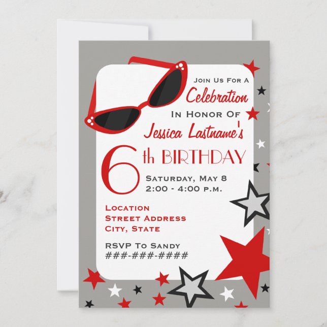 Invitation Film Star Red Sunglasses & Stars Girl's Birthday (Devant)