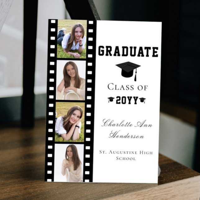 Invitation Filmstrip Four Photo Collage Graduation | BLANCHE (White Filmstrip Four Photo Collage Graduation Announcement Invitation)