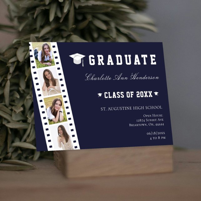 Invitation Filmstrip Four Photo Collage Open House | Bleu (Blue Filmstrip Four Photo Collage Graduation Open House Invitation)
