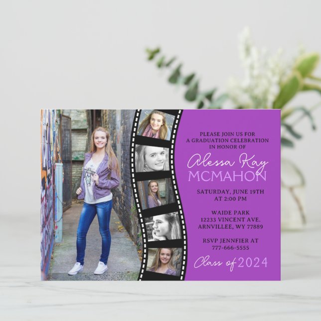 Invitation Filmstrip violet unique 6 Diplôme photo (Debout devant)