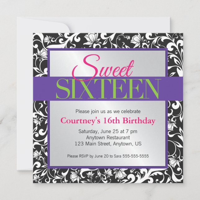 Invitation Fils blancs sur Black Sweet 16 Anniversaire (Devant)