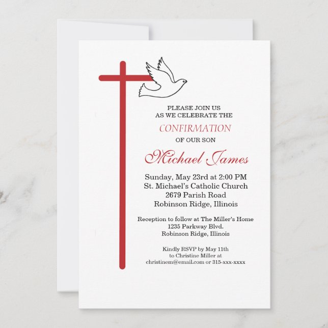 Invitation Fils Confirmation Croix Dove sur blanc (Devant)