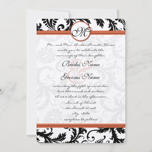 Invitation Fils de Damas noirs sur blanc Brûlé Orange Trim (Dos)