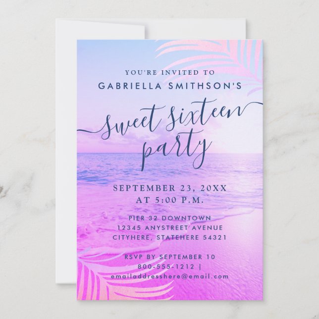 Invitation Filtre rose plage Tropical Été 16ème anniversaire (Devant)