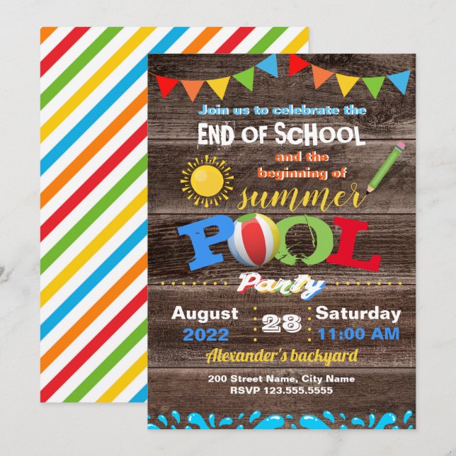 Invitation Fin de l'école Début de la fête de la piscine d'ét (Devant / Derrière)