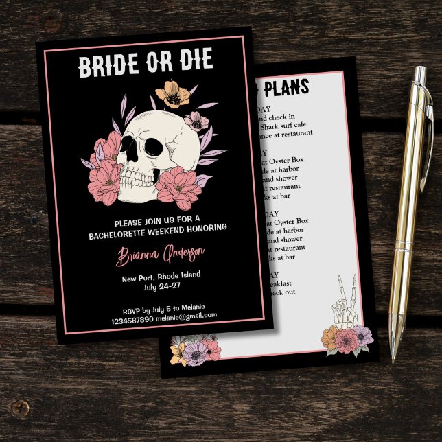 Invitation Fin de semaine de bachelorette à crâne noir marié  (Bride or die black skull skeleton bachelorette party weekend itinerary invitation template)