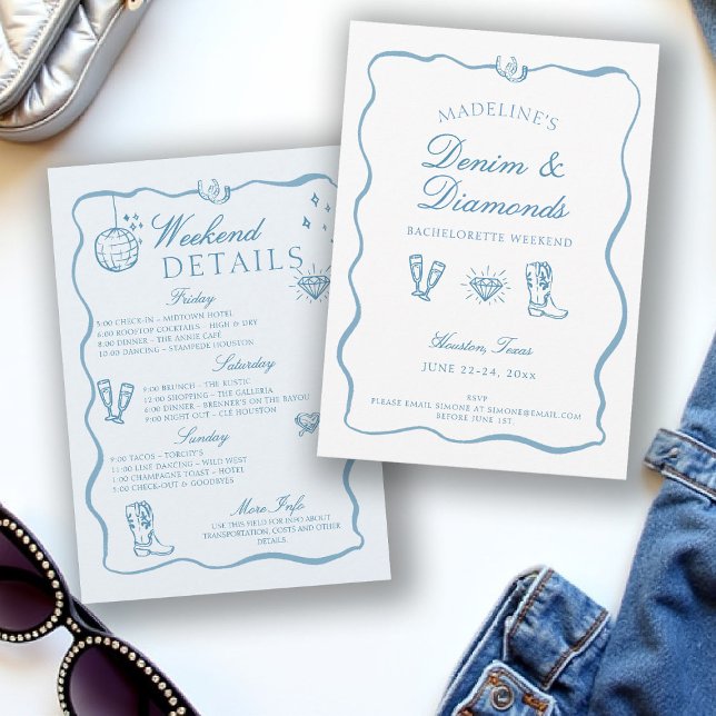 Invitation Fin de semaine de bachelorette avec écriture de di (denim diamonds bachelorette itinerary invitation hand written drawn cowgirl frame bow blue white)