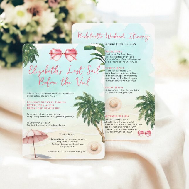 Invitation Fin de semaine de bachelorette de plage tropicale (Tropical Beach Watercolor Bachelorette Weekend Invitation)