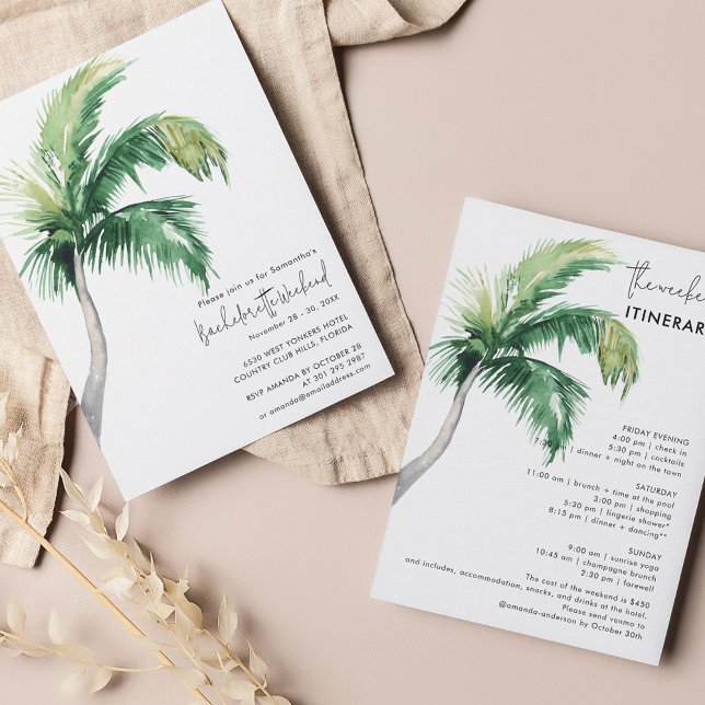 Invitation Fin de semaine de bachelorette et itinéraire (Coastal Palm Tree Watercolor Bachelorette Party Invitation)