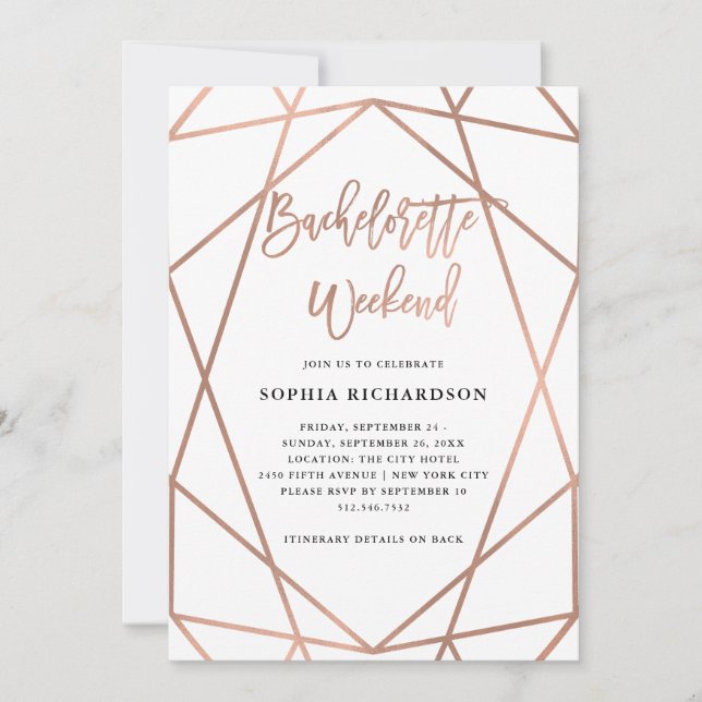 Invitation Fin de semaine de bachelorette | Faux Rose Gold Gé (Devant)