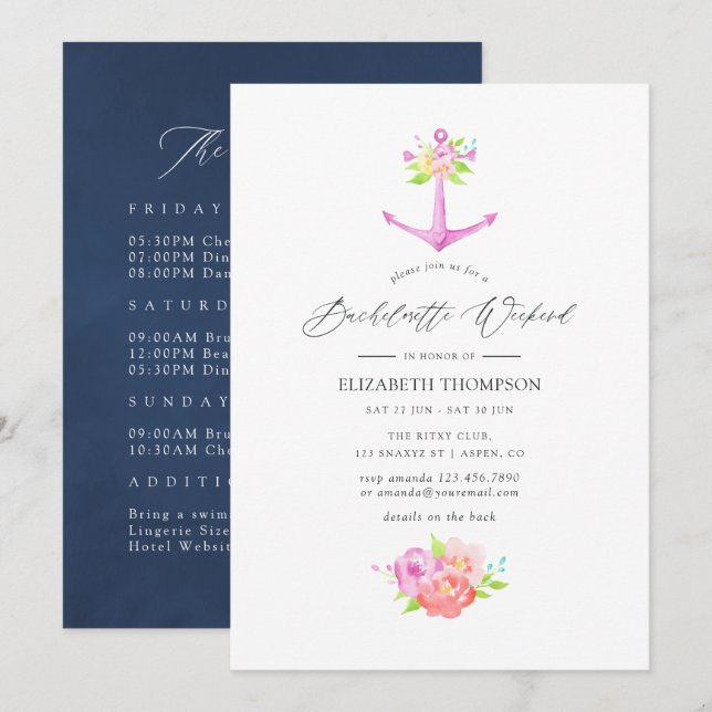 Invitation Fin de semaine de bachelorette florale à thème nau (Devant / Derrière)
