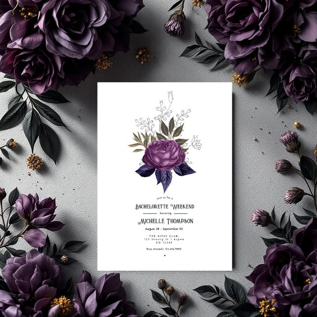 Invitation Fin de semaine de bachelorette gothique violet noi (Purple Black and Gold Gothic Bachelorette Weekend Invitation)