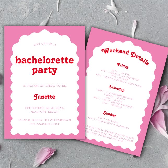 Invitation Fin De Semaine De Bachelorette Rouge Et Rose Arc R (Retro Wavy Arch Pink And Red Bachelorette Weekend Invitation)