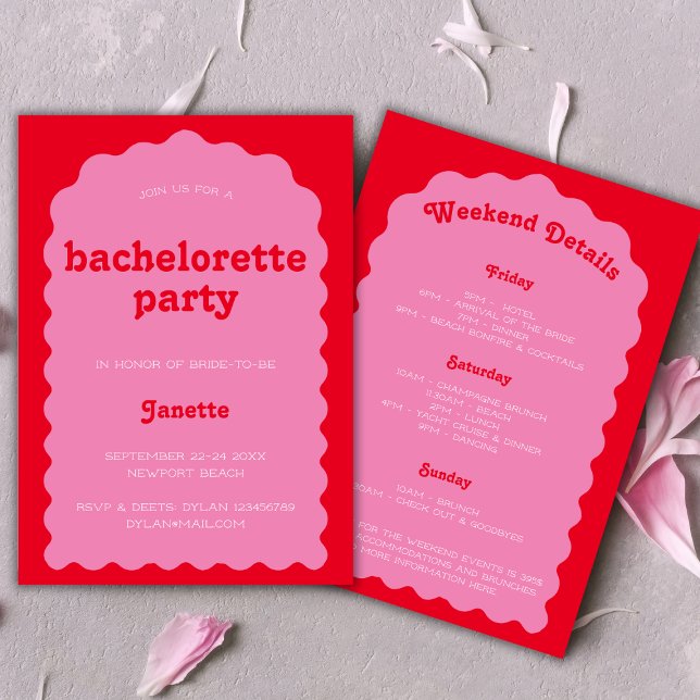 Invitation Fin De Semaine De Bachelorette Rouge Et Rose gras  (Retro Bold Wavy Pink And Red Bachelorette Weekend Invitation)
