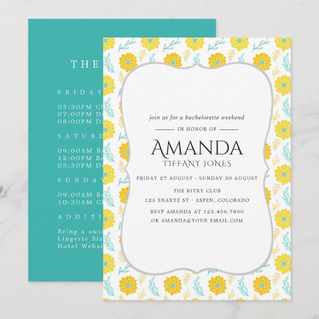Invitation Fin de semaine de la bachelorette Turquoise et jau (Devant / Derrière)