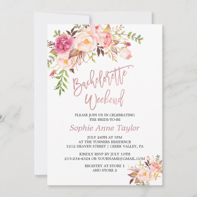 Invitation Fin de semaine de Rose Gold Bachelorette Rose Red  (Devant)