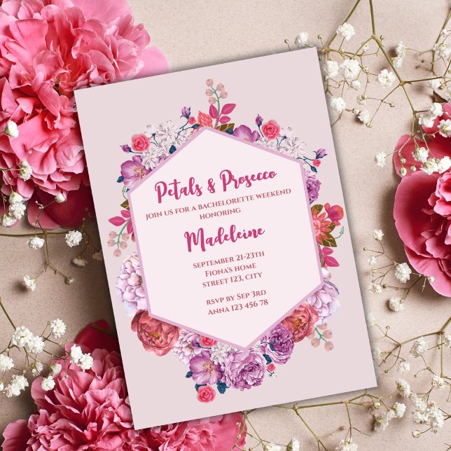 Invitation Fin De Semaine Des Pétales Et Du Parquet Floral Ba (petals and prosecco bachelorette party weekend itinerary pink floral wreath )