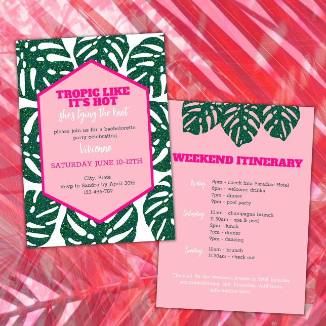 Invitation Fin de semaine du Bachelorette de destination rose (tropical bachelorette weekend itinerary tropic like its' hot she's tying the knot pink glitter monst)