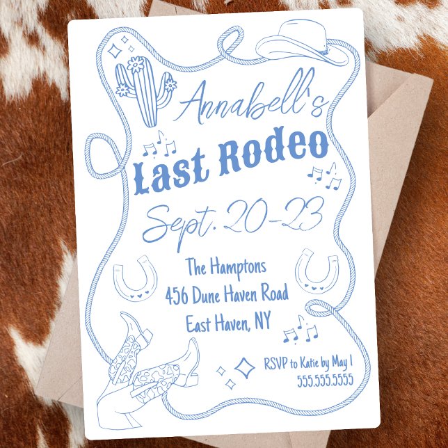 Invitation Fin de semaine du Bachelorette Party de la main de ("Last rodeo" cowgirl bachelorette party invitation hand drawn cute cowboy boots weekend itinerary )