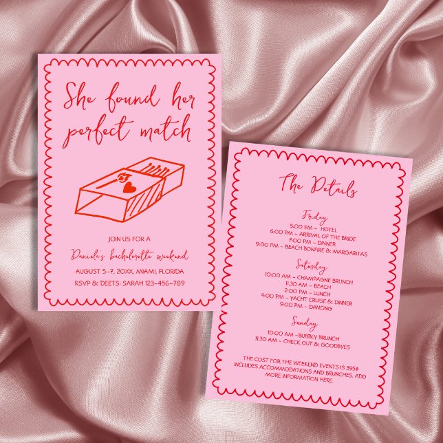 Invitation Fin de semaine du Bachelorette rose Perfect (Hand Drawn Perfect Match Pink Bachelorette Weekend Invitation)
