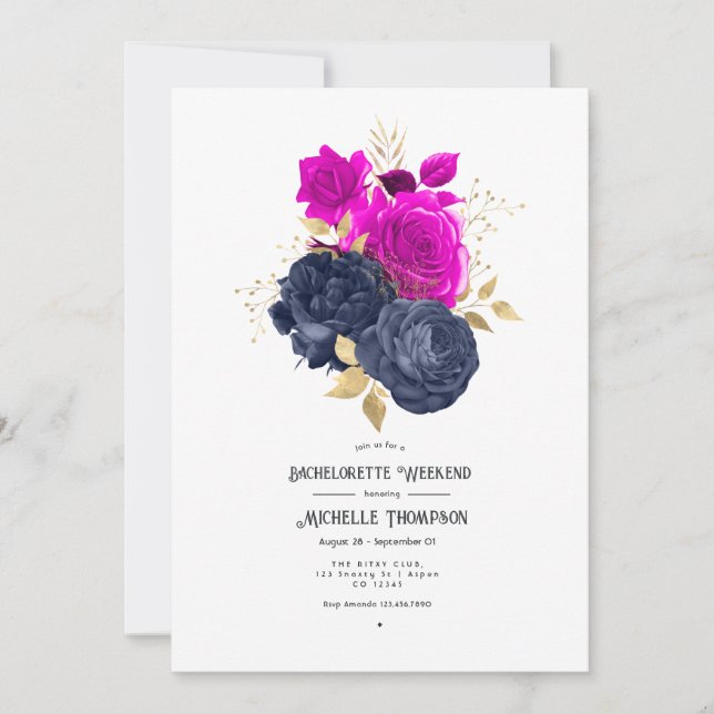 Invitation Fin de semaine Magenta Navy et Gold Floral Bachelo (Devant)