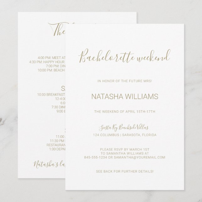 Invitation Fin de semaine Natasha Gold Bachelorette avec Itin (Devant / Derrière)