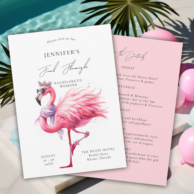 Invitation Final Flamingle Cute Funny Bachelorette Itinéraire (final flamingle bachelorette party invitation itinerary pink flamingo tropical funny watercolor fun)